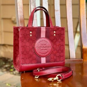 Coach Dempsey Red Signature Canvas Stripe Crossbody Tote Bag with Strap
